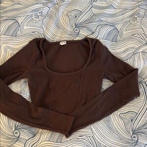 Garage Chocolate Brown Long Sleeve Cropped Top w Scoop Neck and Corset Styling